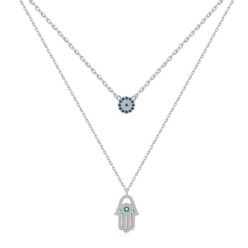 Evil Eye and Hamsa Double Necklace in 925 Sterling Silver, Blue Eye