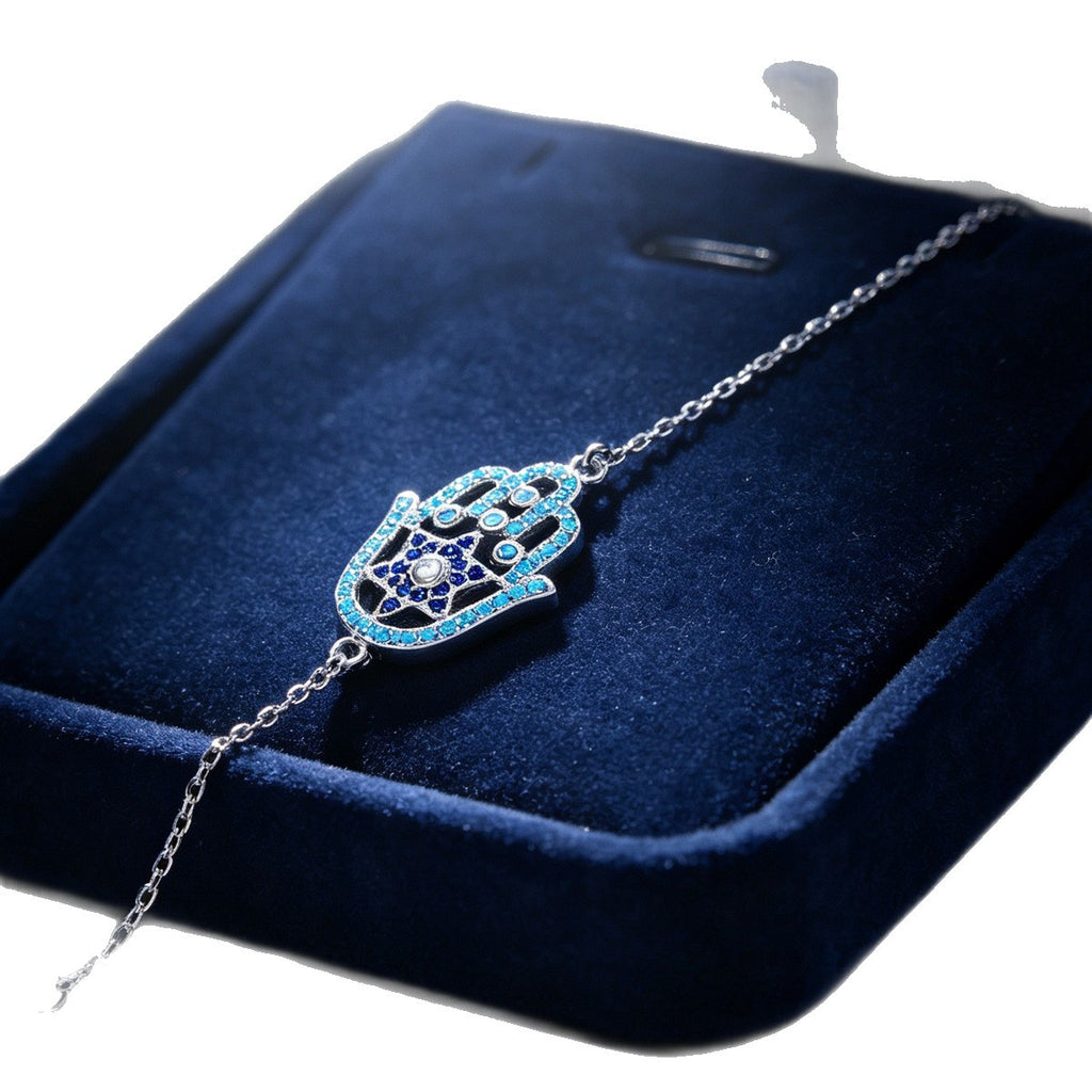Hamsa Bracelet in 925 Sterling Silver, Turquoise & Blue Crystal