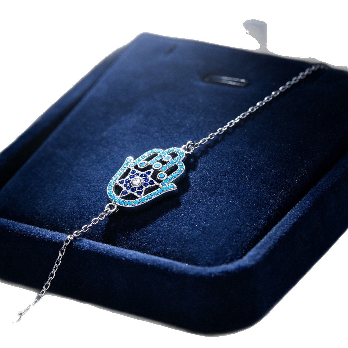 Hamsa Bracelet in 925 Sterling Silver, Turquoise & Blue Crystal
