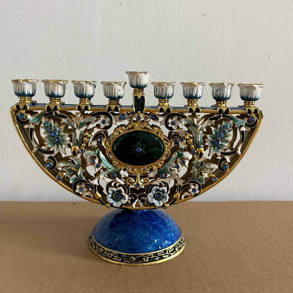 Designer Arch Hanukkah Menorah, Blue Base & Floral Enamel, 19 cm Tall