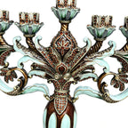 Grand Designer Hanukkah Menorah, Antique Copper & Mint Enamel, 36.5 cm Tall