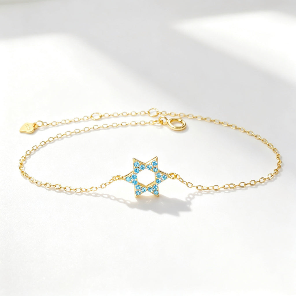 Star of David Bracelet in Gold Plated 925 Sterling Silver, Turquoise Crystal