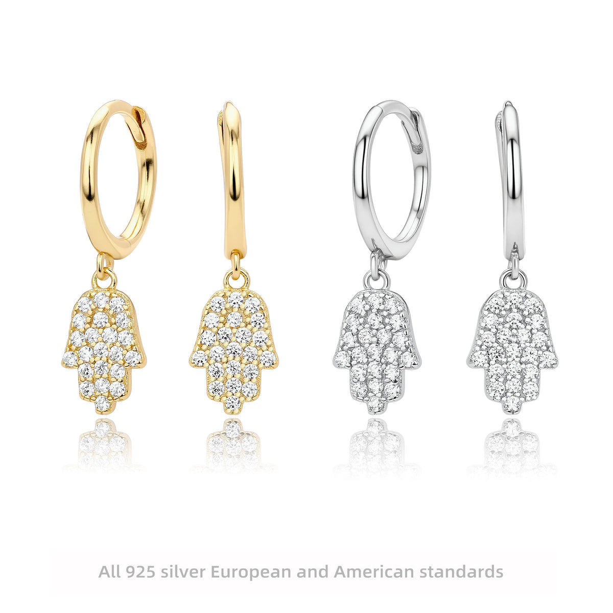 Hamsa Hoop Earrings in 925 Sterling Silver, Pavé Cubic Zirconia