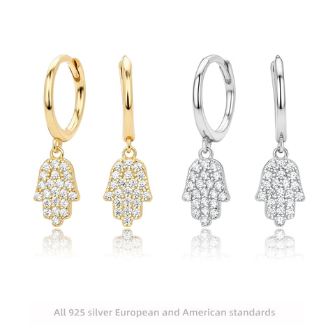 Hamsa Hoop Earrings in 925 Sterling Silver, Pavé Cubic Zirconia