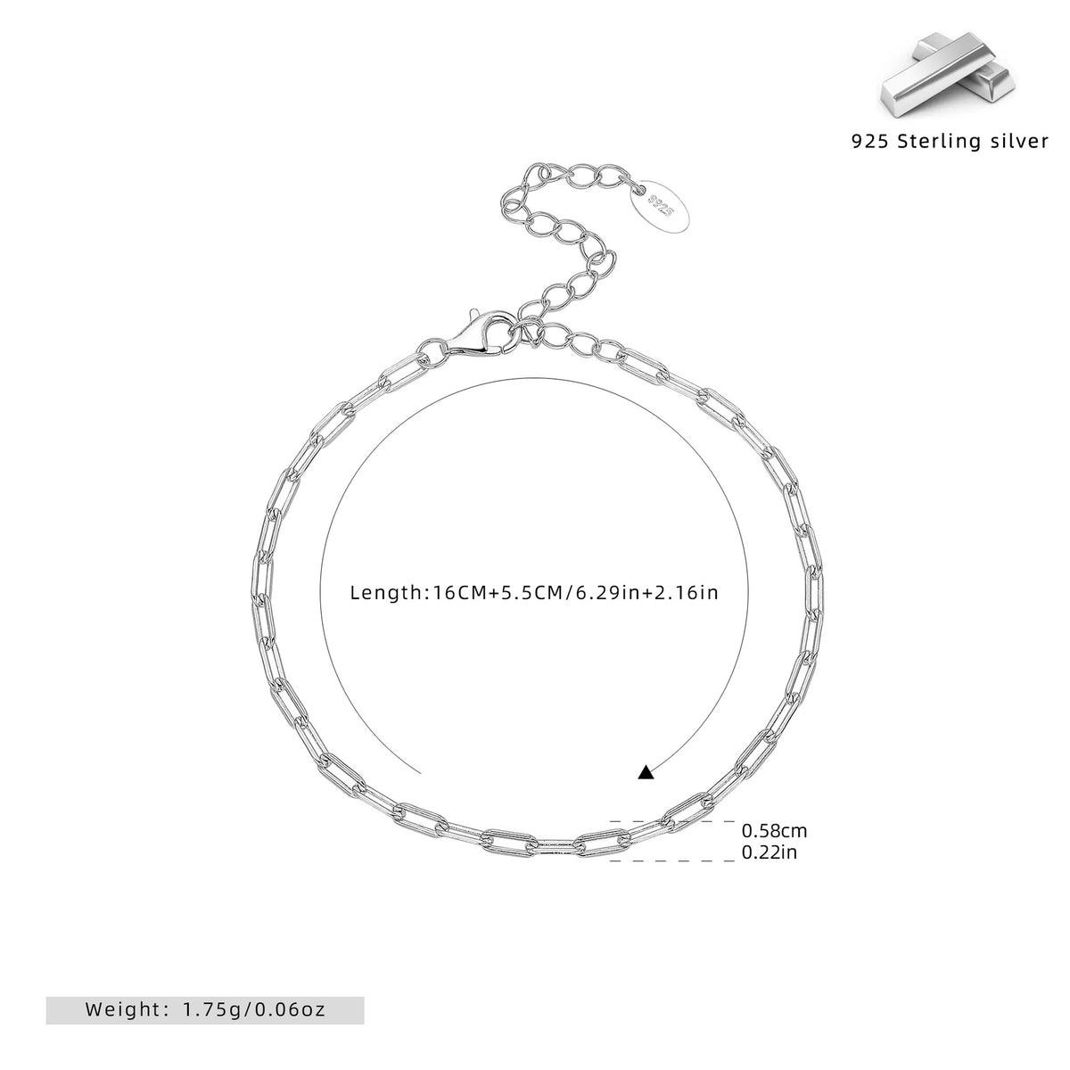 Paperclip Chain Bracelet in 925 Sterling Silver, Adjustable