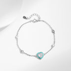 Enamel Heart Bracelet in 925 Sterling Silver, Mint Heart with Crystal Stations
