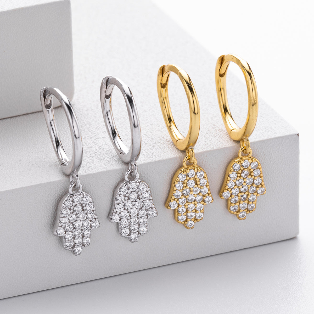 Hamsa Hoop Earrings in 925 Sterling Silver, Pavé Cubic Zirconia