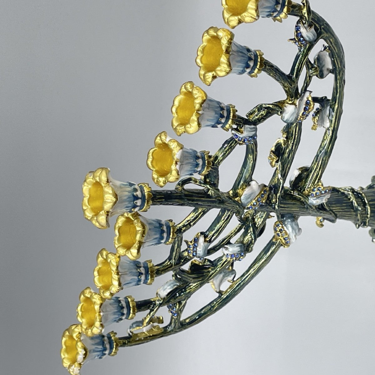 Designer Tree of Life Hanukkah Menorah, Green & Gold Enamel, 24 cm Tall