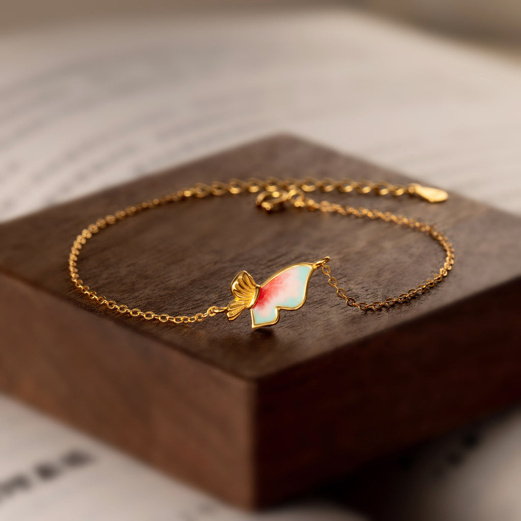 Enamel Butterfly Bracelet in Gold Plated 925 Sterling Silver, Pink Gradient