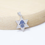 Star of David Necklace with Blue Pavé Hamsa in 925 Sterling Silver, 18 Inch Chain