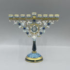 Designer White & Blue Enamel Hanukkah Menorah, Crystal Accents, 18 cm Tall