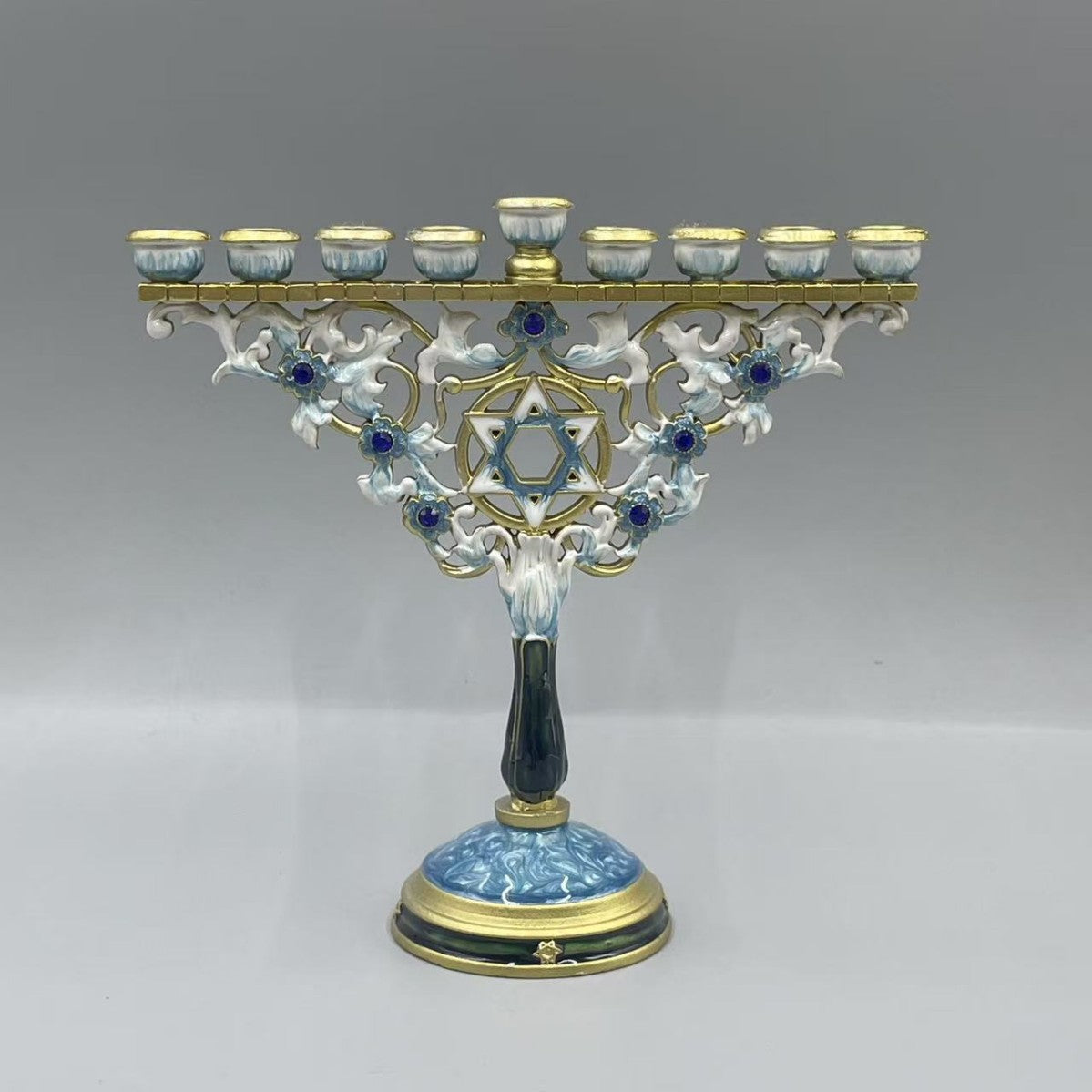 Designer White & Blue Enamel Hanukkah Menorah, Crystal Accents, 18 cm Tall