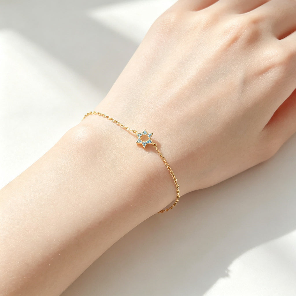 Star of David Bracelet in Gold Plated 925 Sterling Silver, Turquoise Crystal