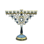 Designer White & Blue Enamel Hanukkah Menorah, Crystal Accents, 18 cm Tall