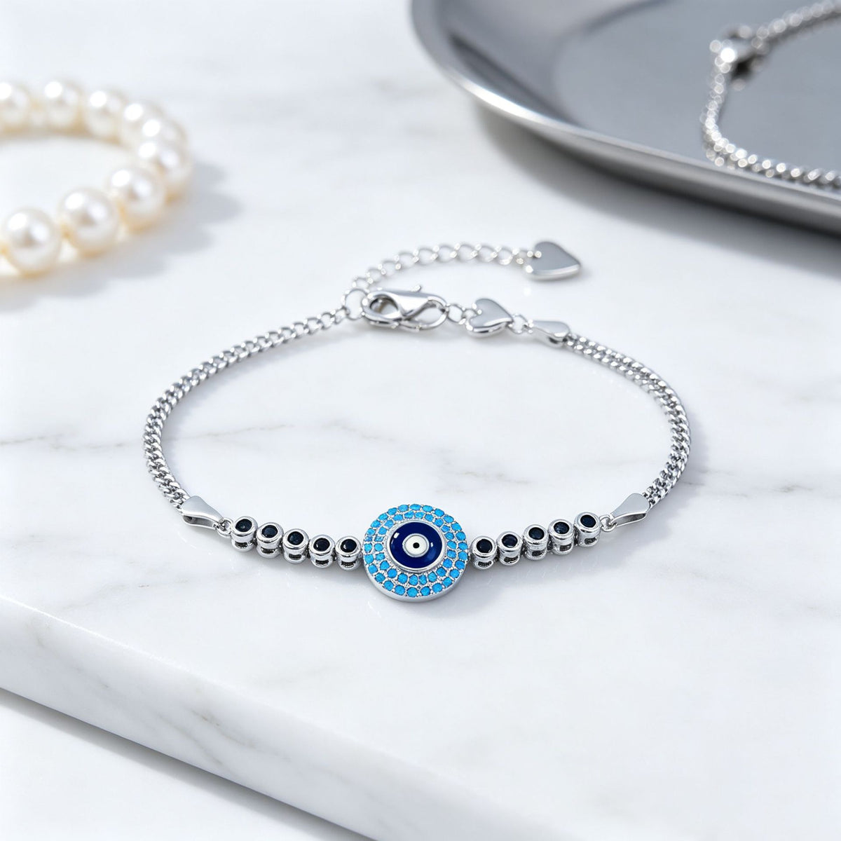 Evil Eye Bracelet in 925 Sterling Silver, Blue Enamel Eye