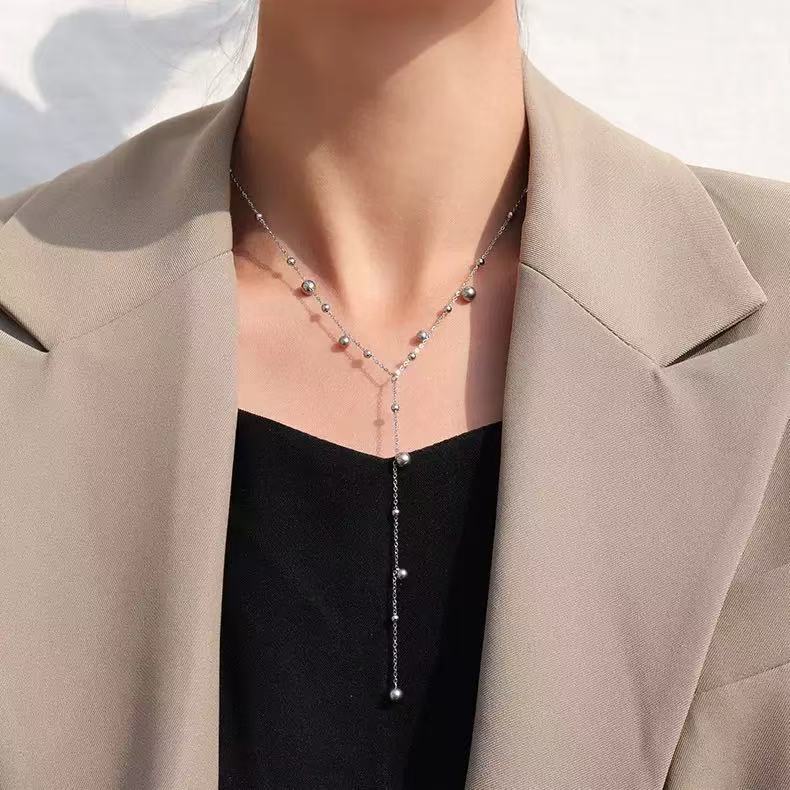 Y Necklace with Ball Beads in 18K Gold-Plated Stainless Steel