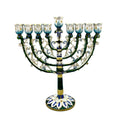 Designer Enamel Hanukkah Menorah, Green & White with Crystal Accents, 16 cm Tall