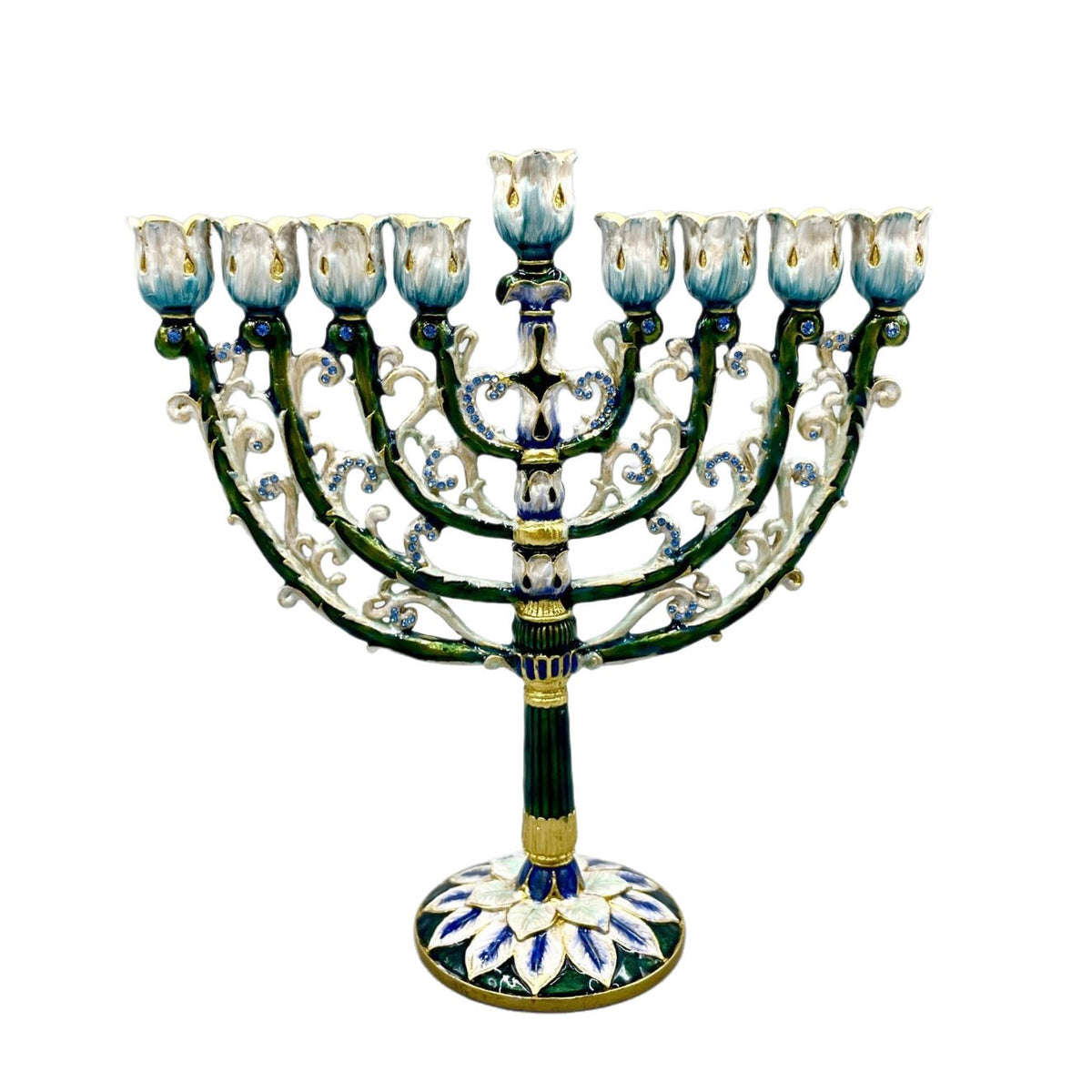 Designer Enamel Hanukkah Menorah, Green & White with Crystal Accents, 16 cm Tall