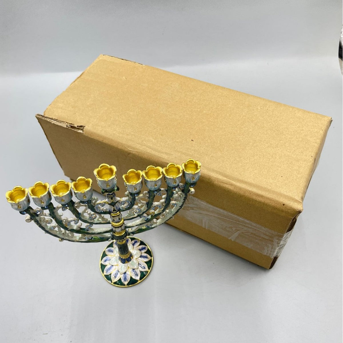 Designer Enamel Hanukkah Menorah, Green & White with Crystal Accents, 16 cm Tall