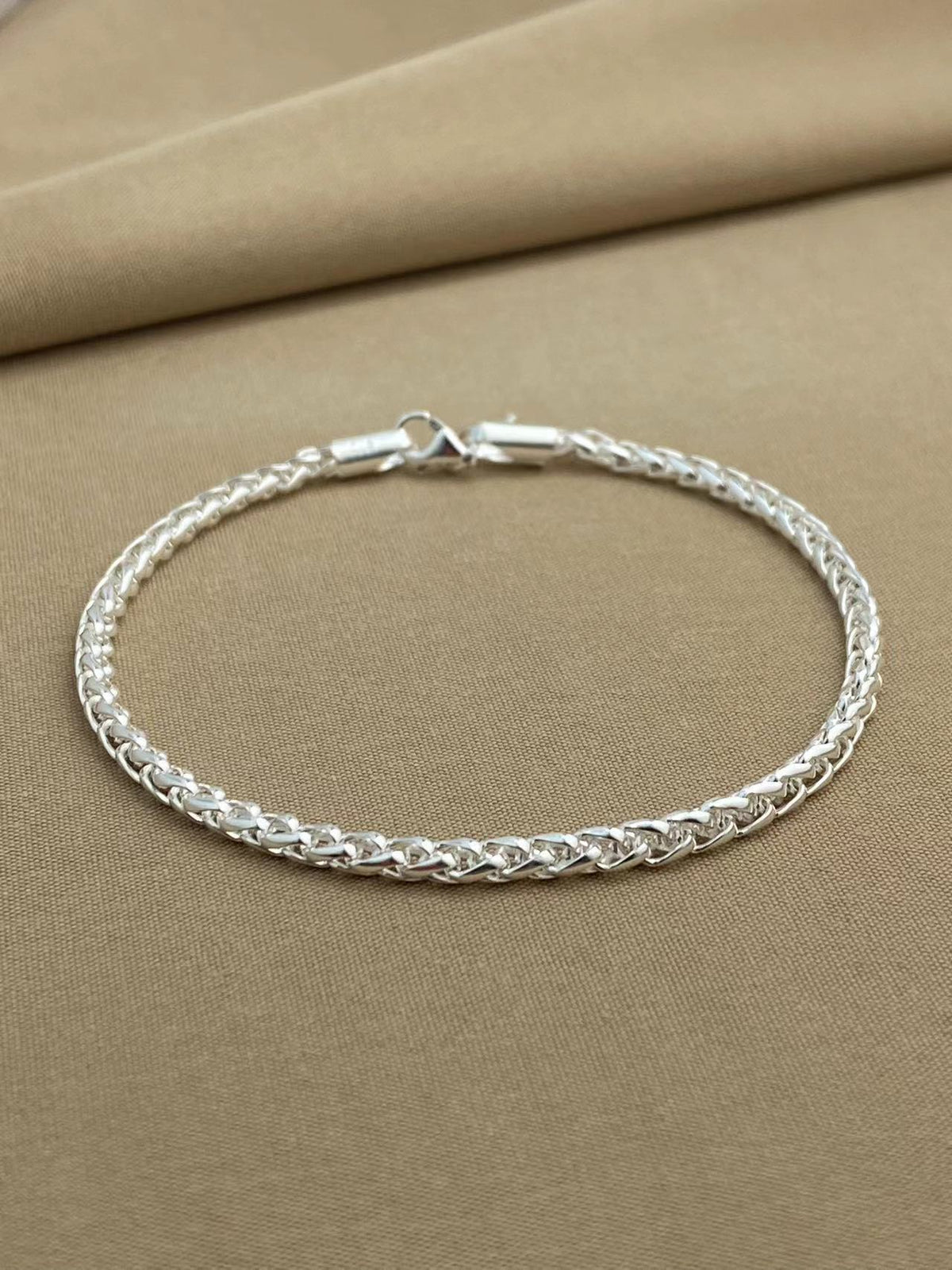 Men's Wheat Chain Bracelet in 925 Sterling Silver, Woven Link