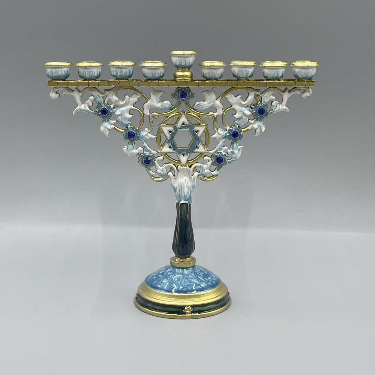 Designer White & Blue Enamel Hanukkah Menorah, Crystal Accents, 18 cm Tall