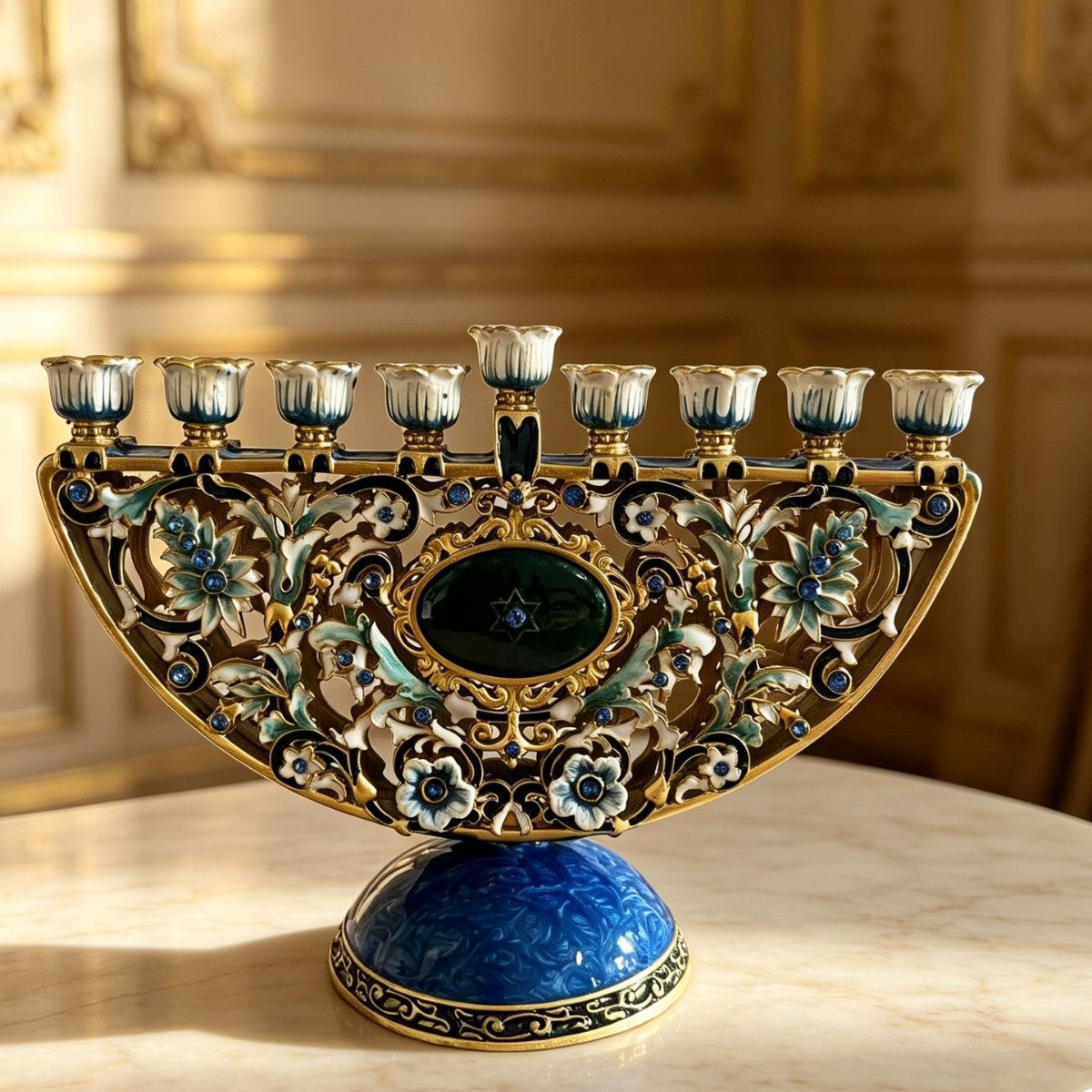 Designer Arch Hanukkah Menorah, Blue Base & Floral Enamel, 19 cm Tall
