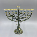 Designer Tree of Life Hanukkah Menorah, Green & Gold Enamel, 24 cm Tall