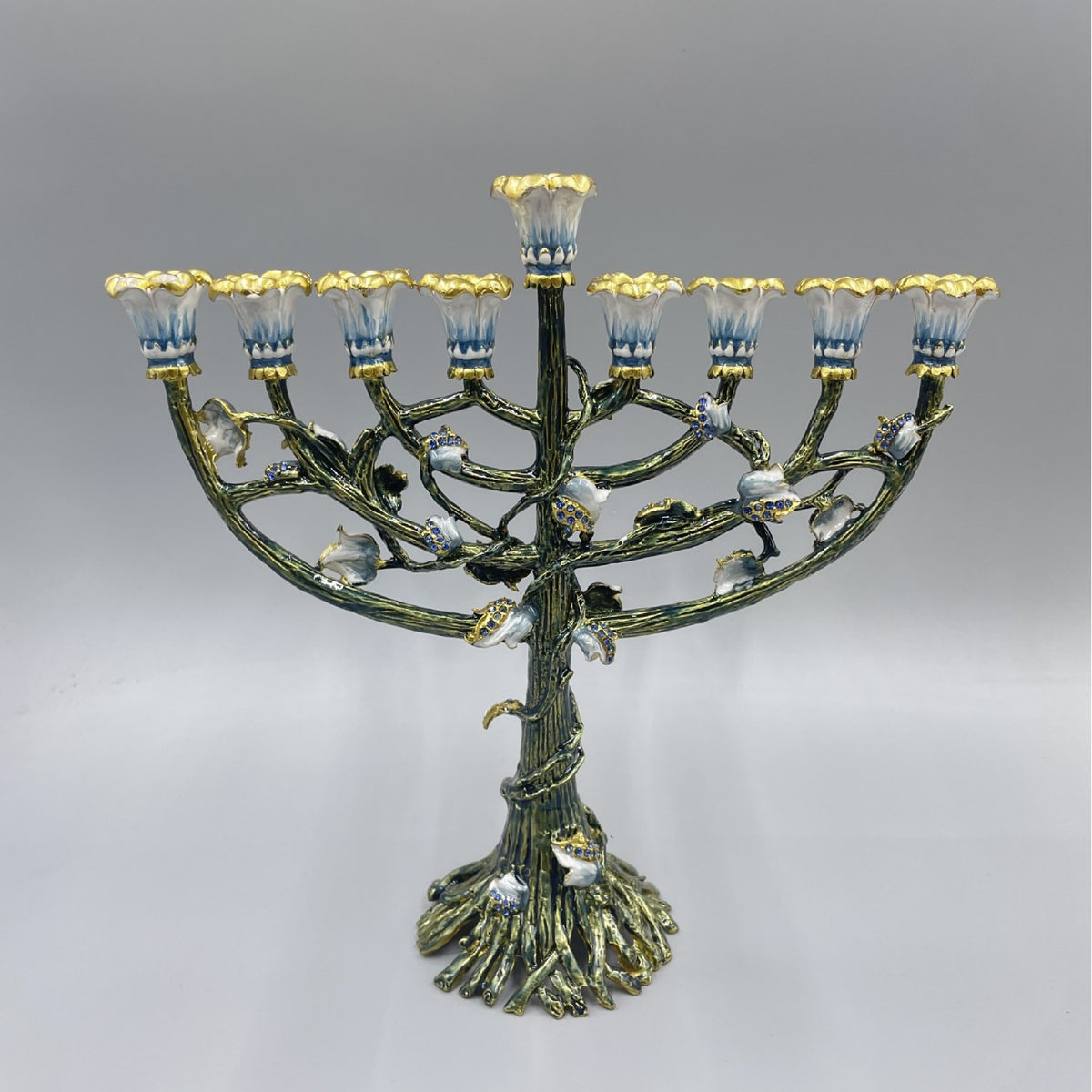 Designer Tree of Life Hanukkah Menorah, Green & Gold Enamel, 24 cm Tall