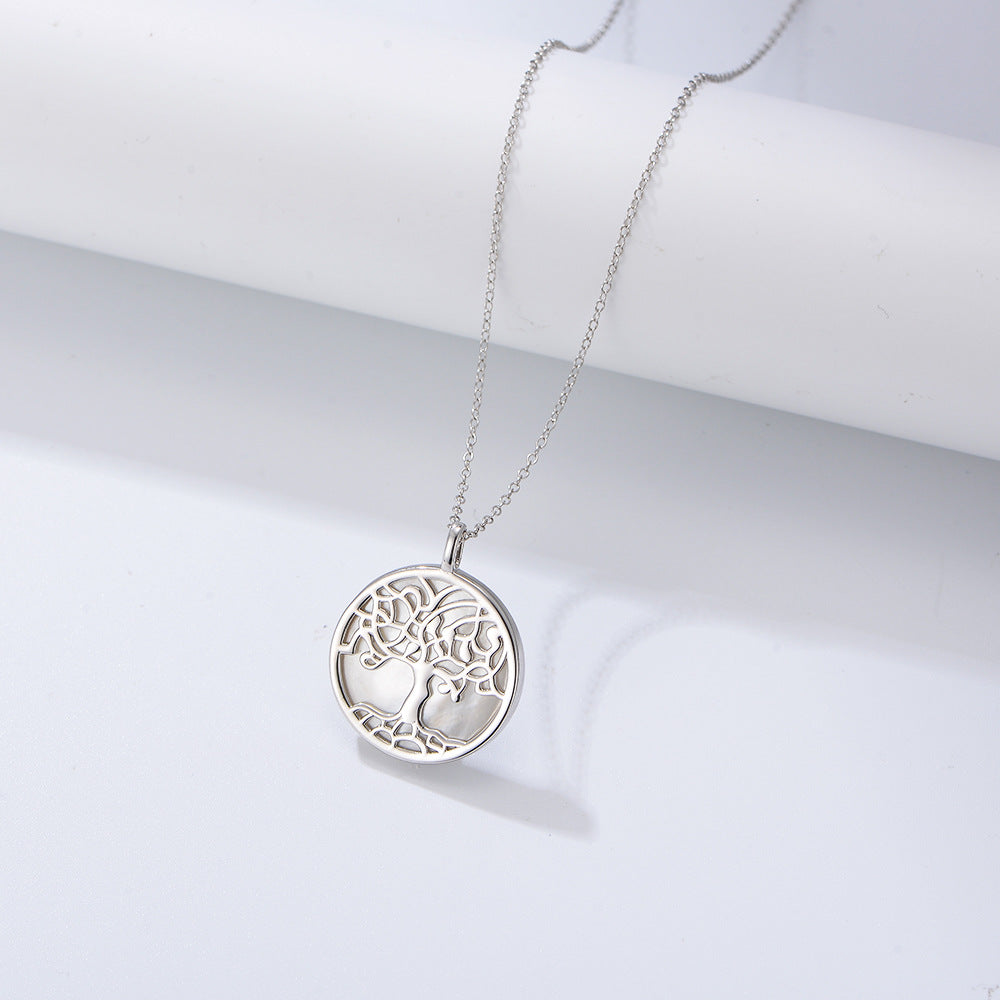 Tree of Life Necklace in 925 Sterling Silver, Shell Disc Pendant