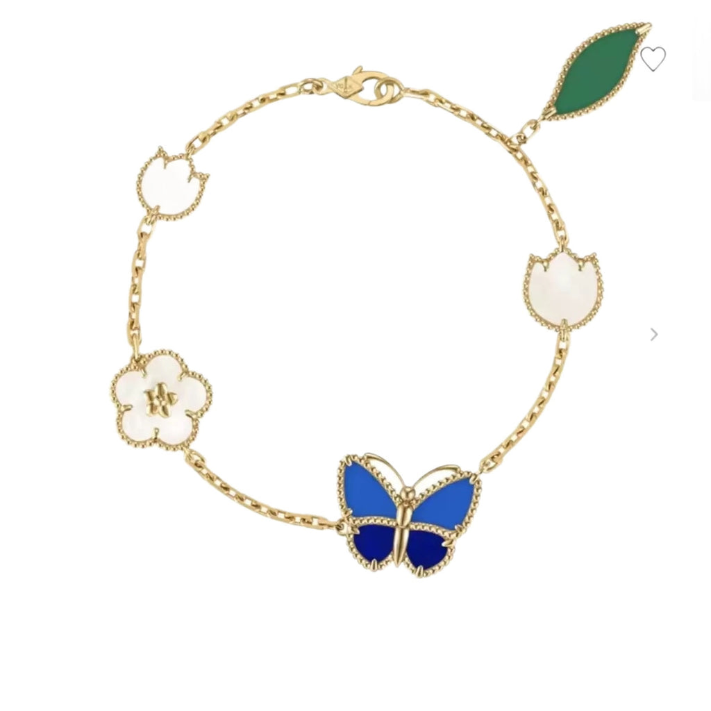 Butterfly & Flower Station Necklace in 925 Sterling Silver, Mother-of-Pearl Enamel