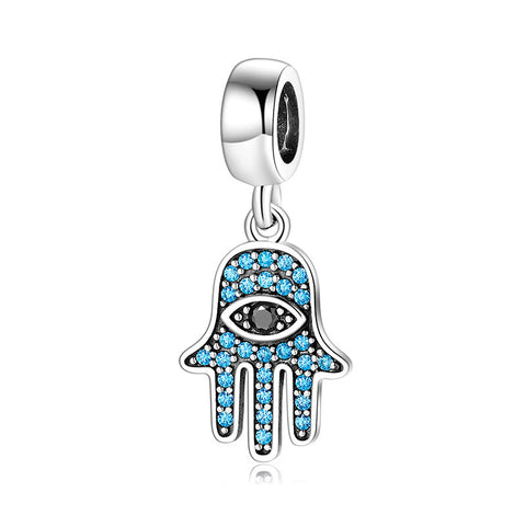 Hamsa Charm Necklace in 925 Sterling Silver, Blue Crystal Evil Eye