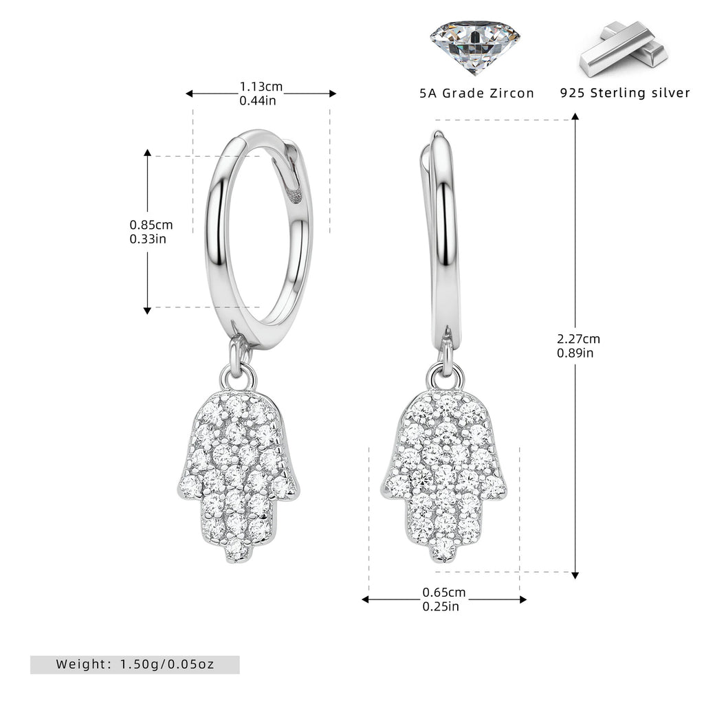 Hamsa Hoop Earrings in 925 Sterling Silver, Pavé Cubic Zirconia