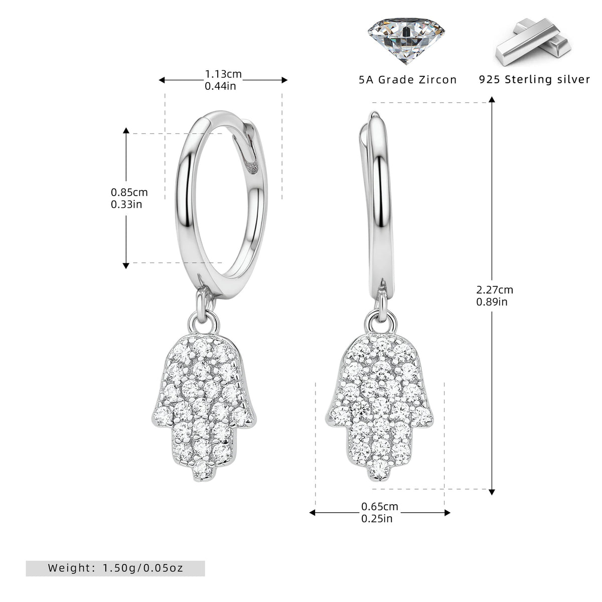 Hamsa Hoop Earrings in 925 Sterling Silver, Pavé Cubic Zirconia