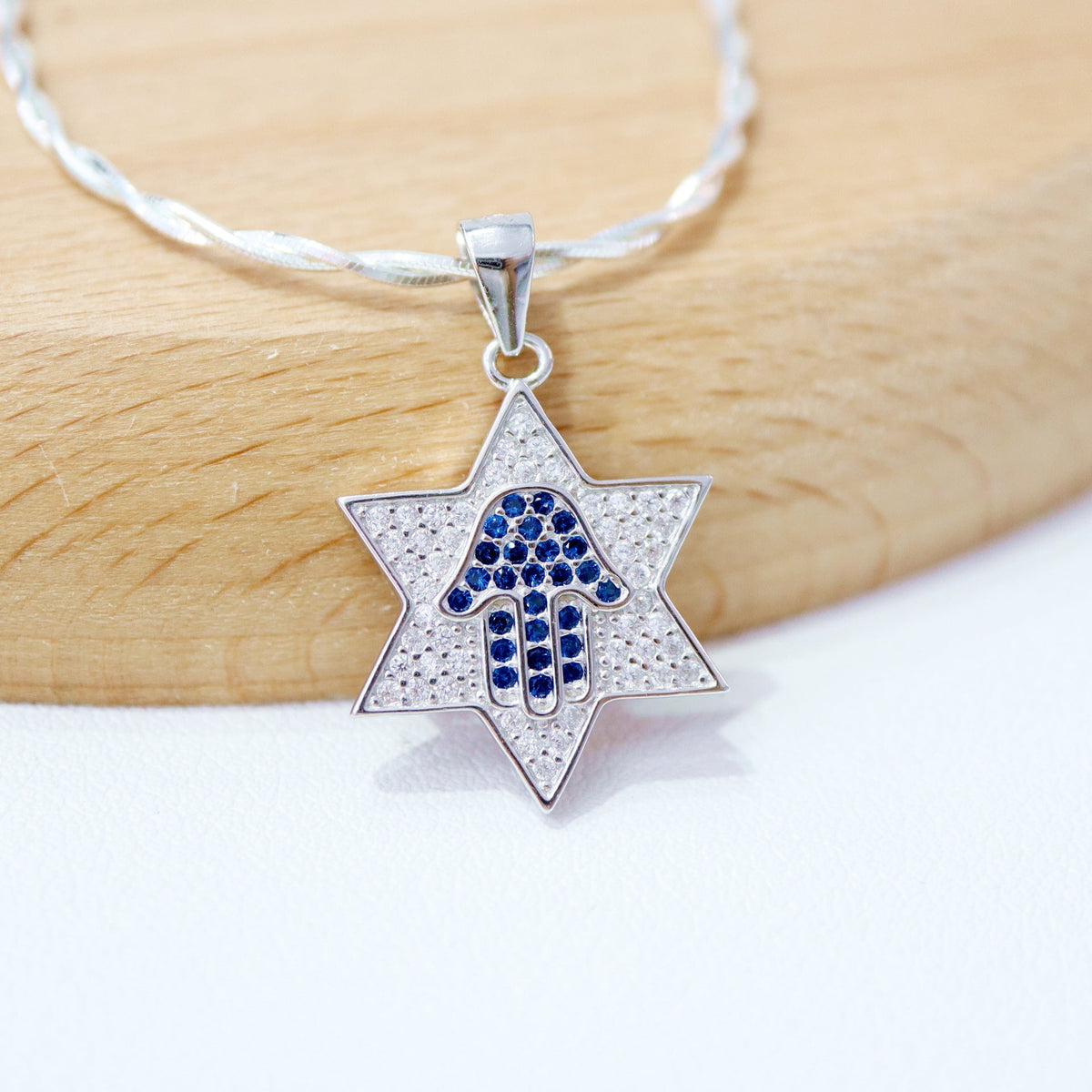 Star of David Necklace with Blue Pavé Hamsa in 925 Sterling Silver, 18 Inch Chain