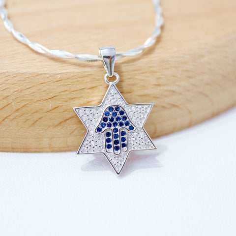Star of David Necklace with Blue Pavé Hamsa in 925 Sterling Silver, 18 Inch Chain