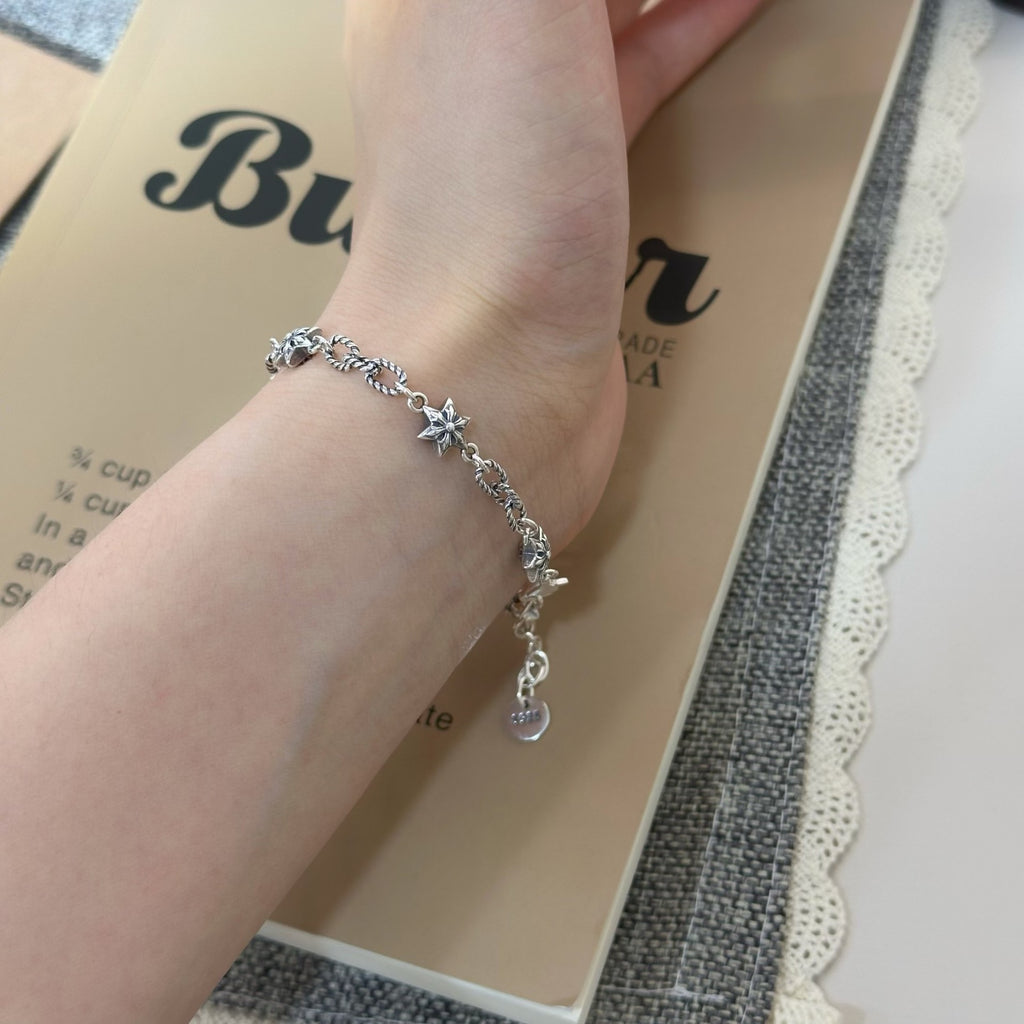 Star Link Bracelet in 925 Sterling Silver, Oxidized Six-Pointed Stars
