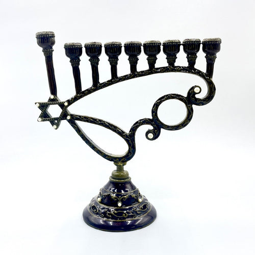 Antique Bronze Hanukkah Menorah, Scroll Design, 17 cm Tall