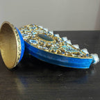 Designer Arch Hanukkah Menorah, Blue Base & Floral Enamel, 19 cm Tall