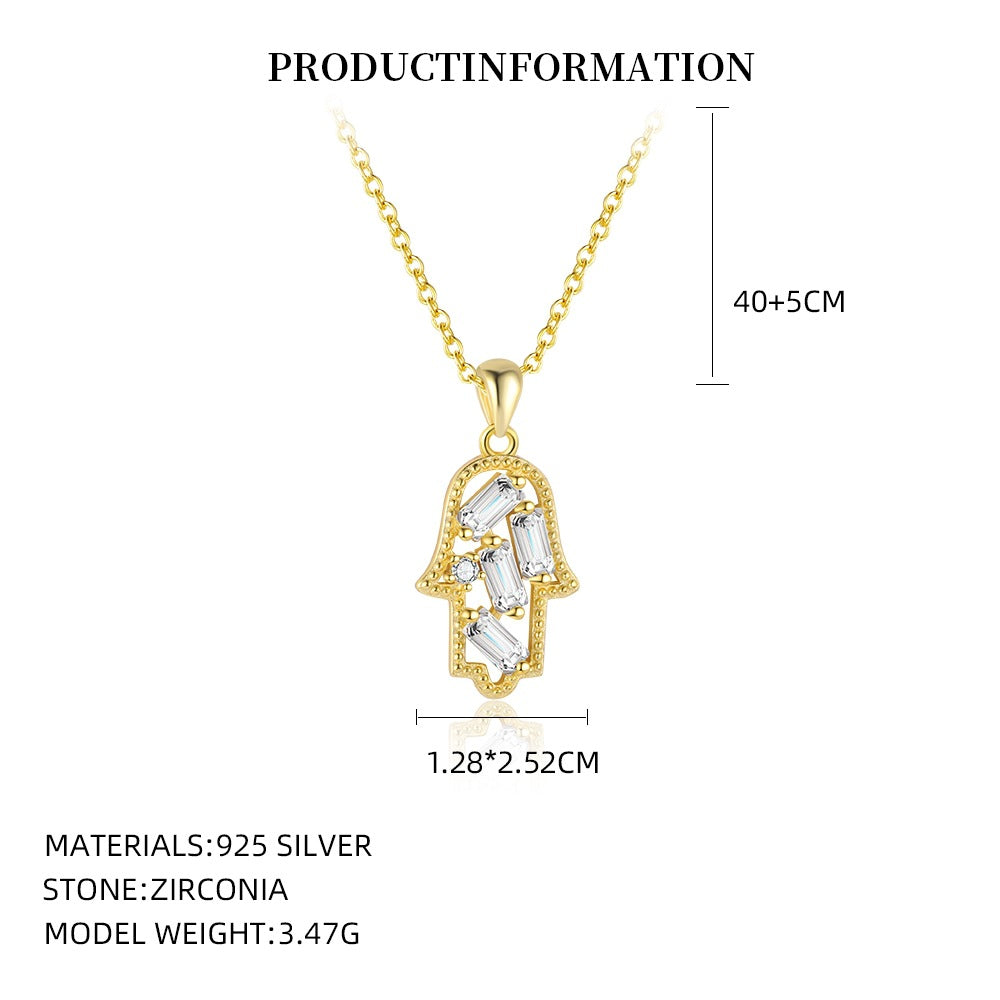 Hamsa Necklace in Gold Plated 925 Sterling Silver, Dainty Pavé