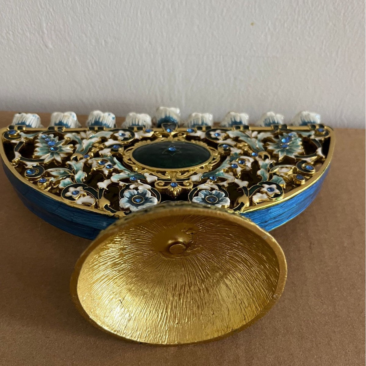 Designer Arch Hanukkah Menorah, Blue Base & Floral Enamel, 19 cm Tall