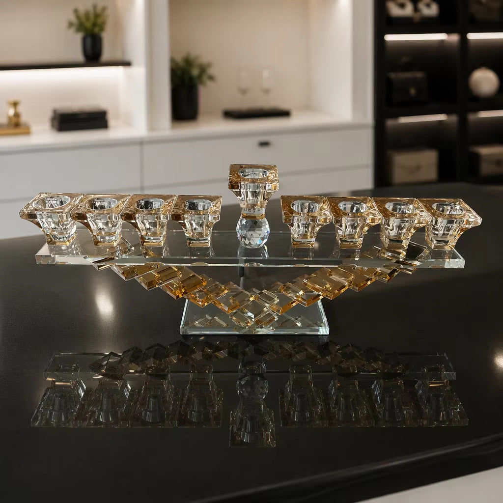 Designer Crystal Glass Hanukkah Menorah, 9 Cups, Clear, Amber or Rainbow