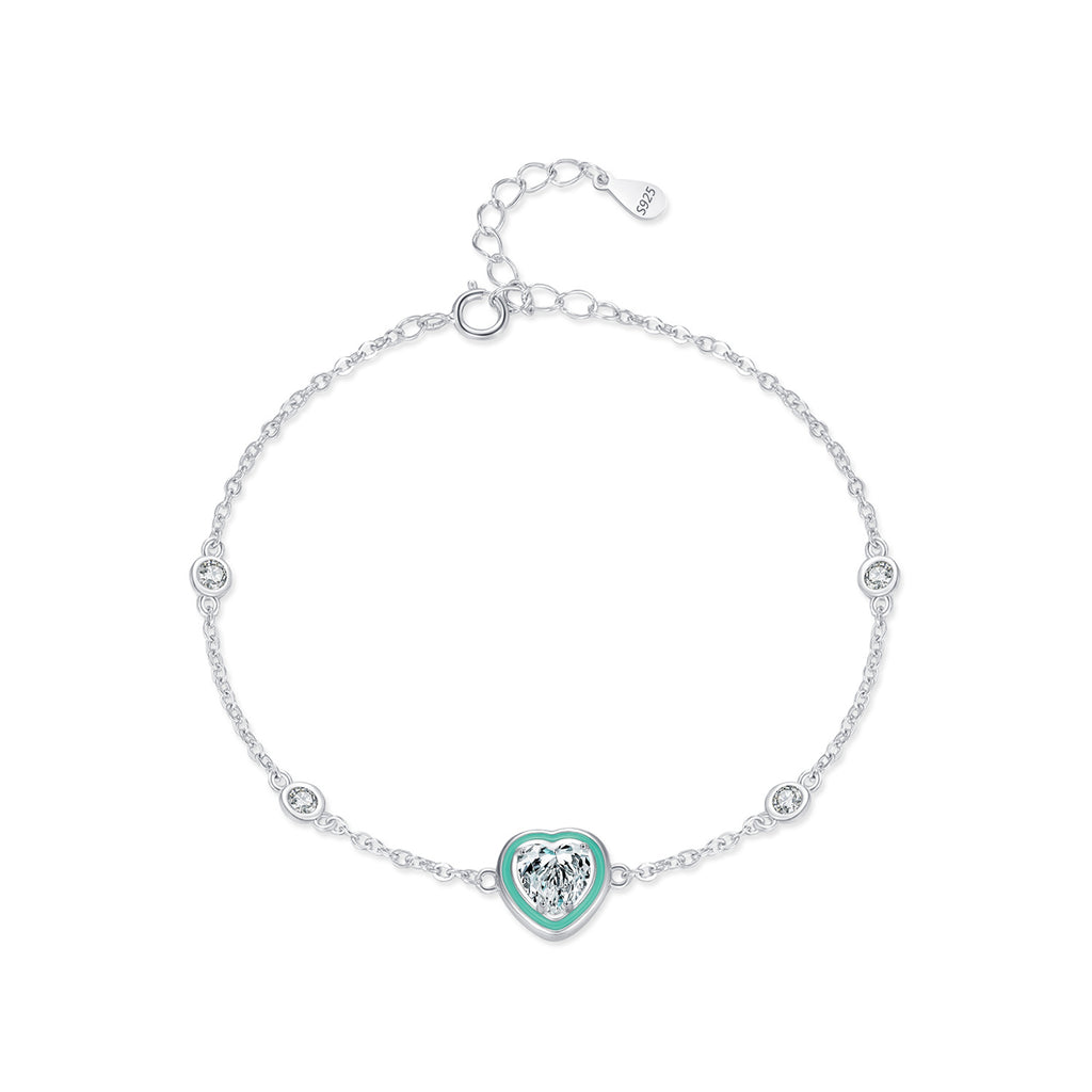 Enamel Heart Bracelet in 925 Sterling Silver, Mint Heart with Crystal Stations