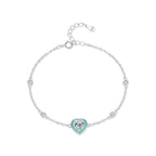 Enamel Heart Bracelet in 925 Sterling Silver, Mint Heart with Crystal Stations