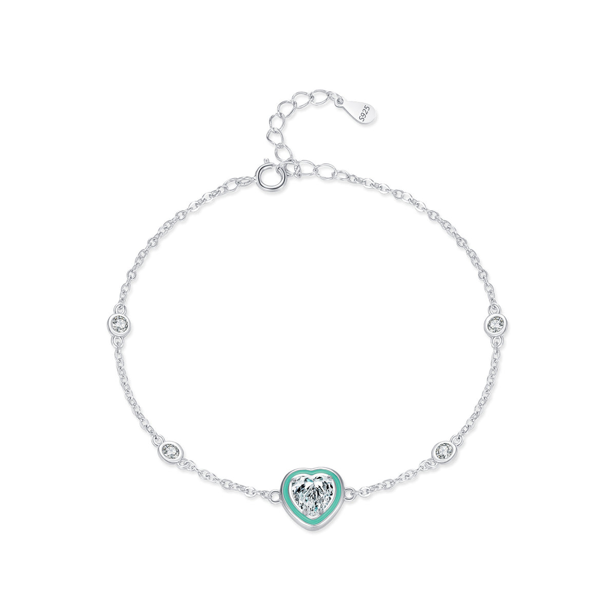 Enamel Heart Bracelet in 925 Sterling Silver, Mint Heart with Crystal Stations