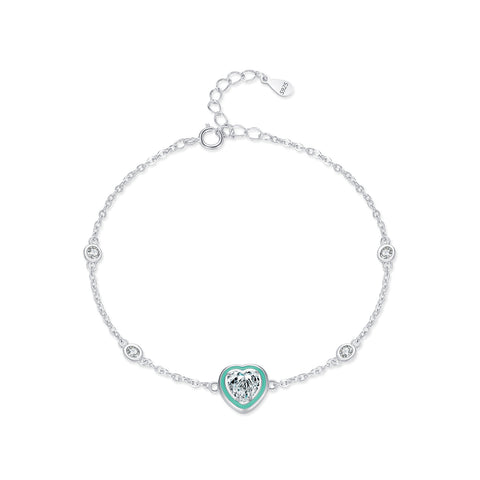 Enamel Heart Bracelet in 925 Sterling Silver, Mint Heart with Crystal Stations