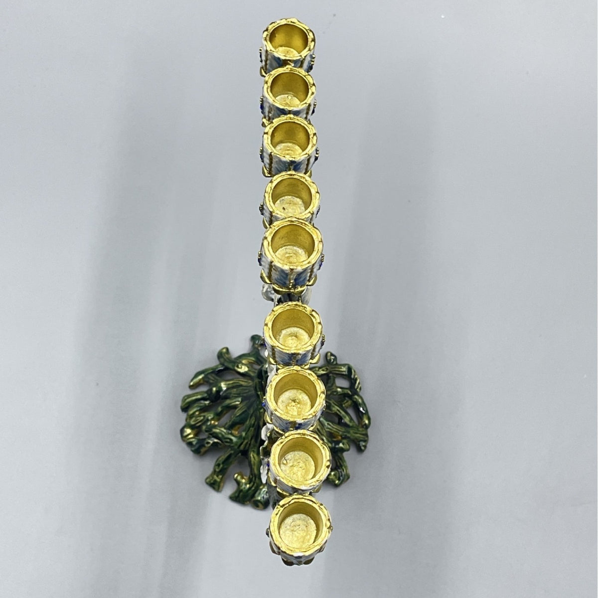Designer Flowering Tree Hanukkah Menorah, Green Enamel with White Blossoms, 19 cm Tall