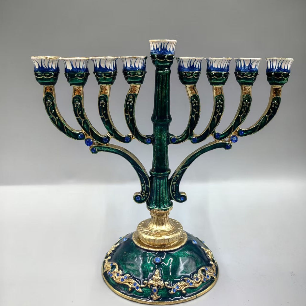 Designer Emerald Enamel Hanukkah Menorah, Gold Accents, 16.5 cm Tall