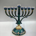 Designer Emerald Enamel Hanukkah Menorah, Gold Accents, 16.5 cm Tall