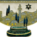 Designer Jerusalem Hanukkah Menorah, Enamel Old City Scene with Star of David