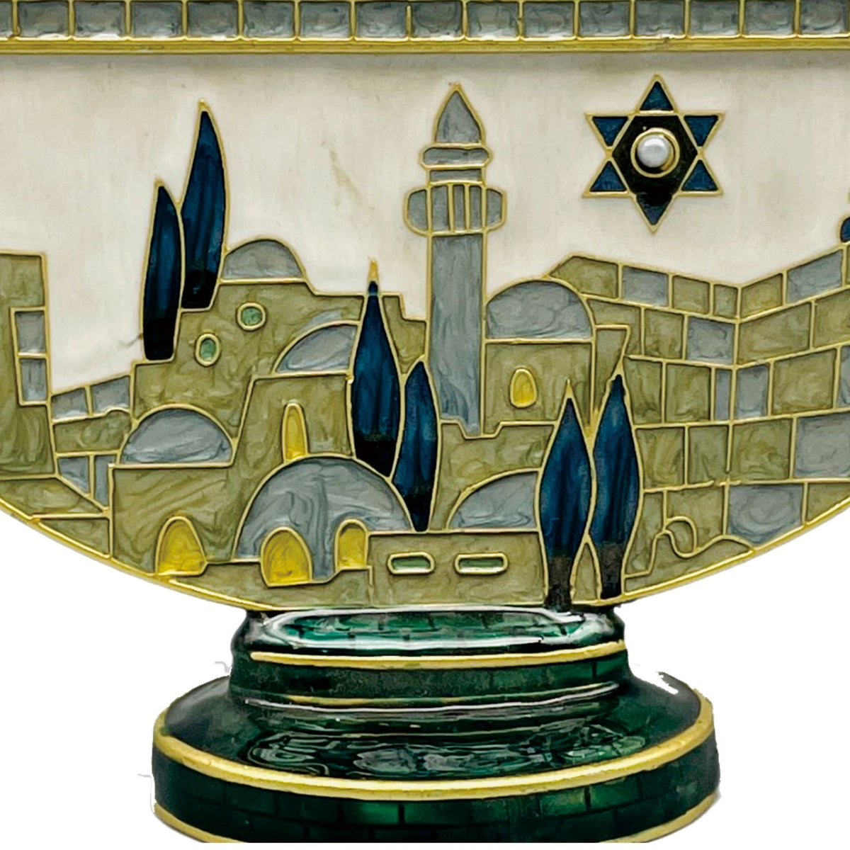 Designer Jerusalem Hanukkah Menorah, Enamel Old City Scene with Star of David